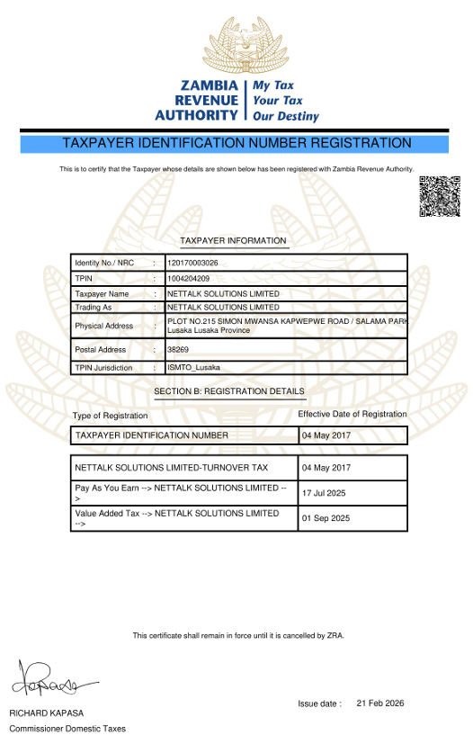 ZRA clearance and TPIN certificate preview